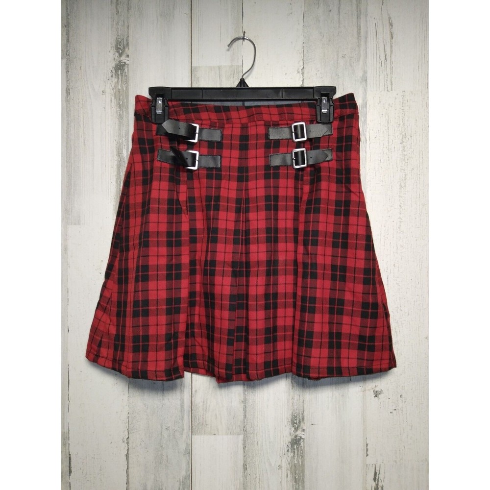 Hot Topic Red Black Plaid Pleated Buckles Mini Skirt Goth Punk Skater Size M Y2K